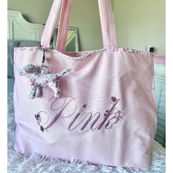 💐VS Pink large canvas tote with floral embroidery 🌷SO PRETTY🌷 NWT - Picture 5 of 8